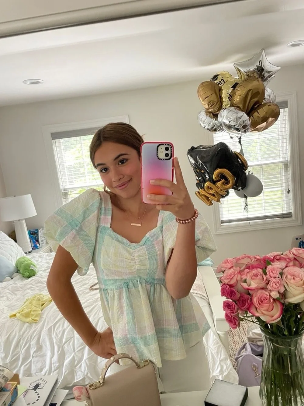Old Navy Puff-Sleeve Smocked Seersucker Babydoll Swing Blouse Women’s Size M